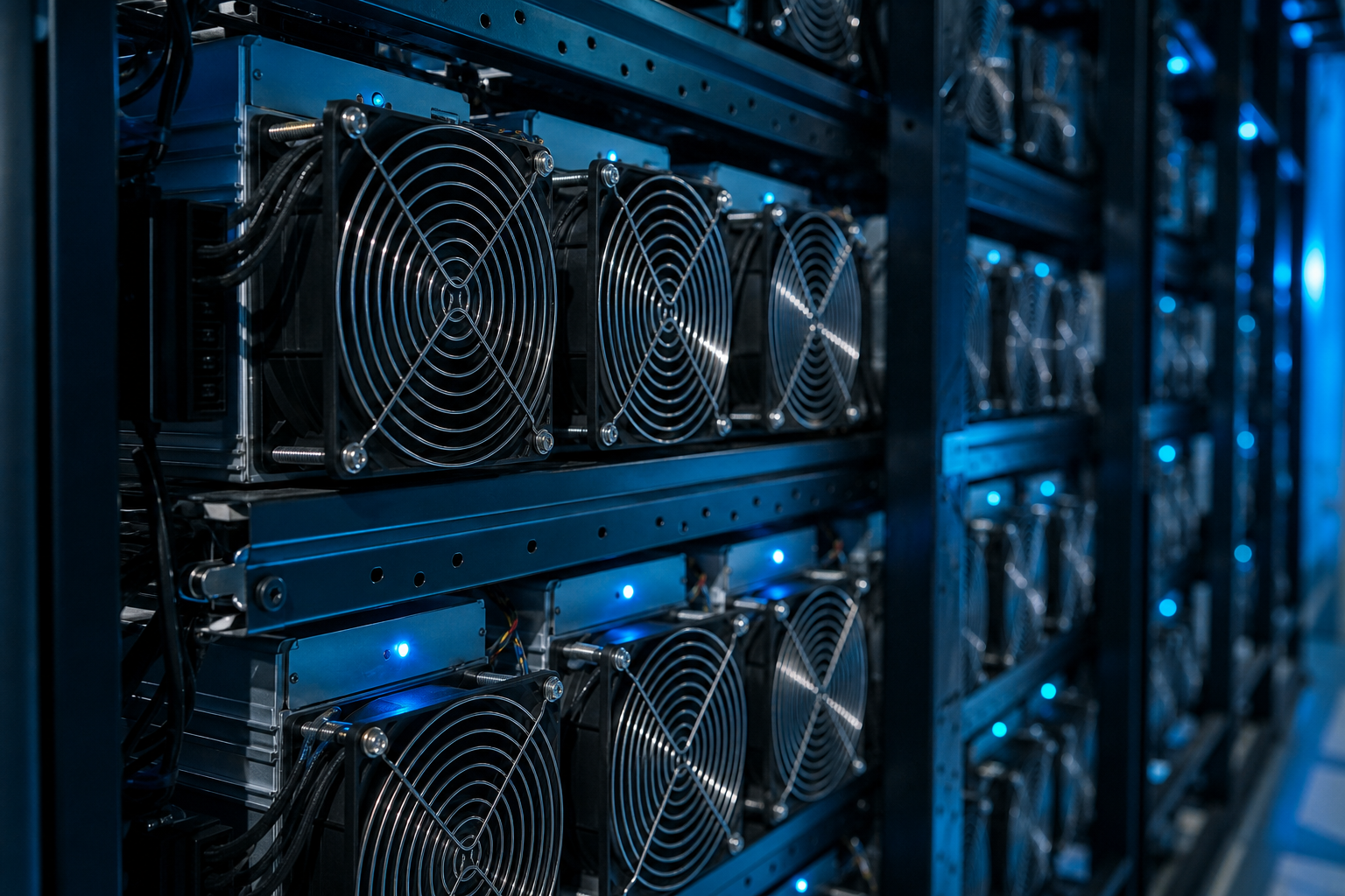 Rows of ASIC mining machines generating Bitcoin hashrate